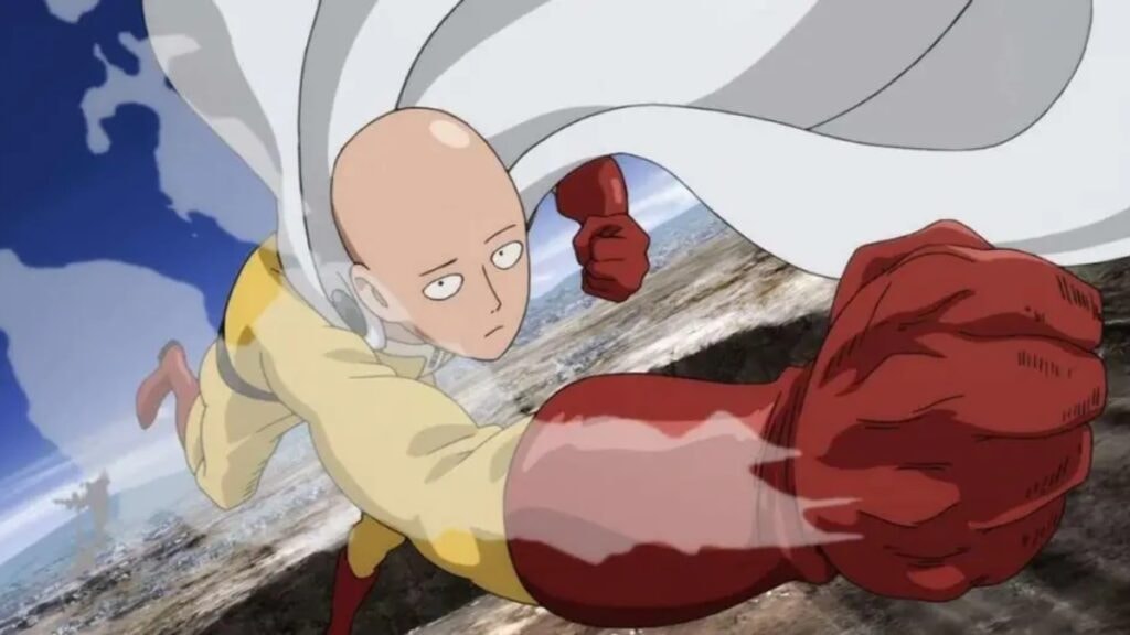 Saitama gardant un visage neutre pendant qu'il donne un coup de poing dans One Punch Man