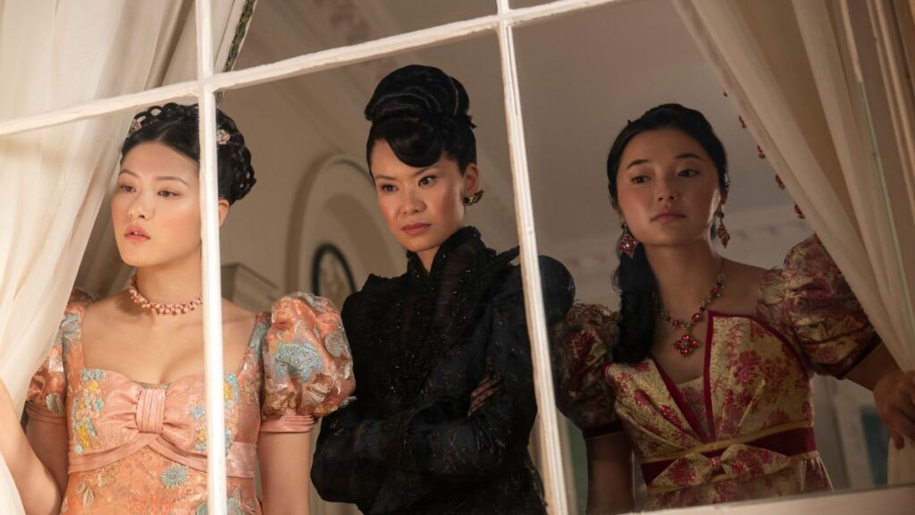 Posy, Araminta et Rosamund dans la saison 4 de la série La Chronique de Bridgerton